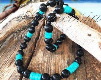 Black Onyx and Turquoise Surfer Style Necklace - Beaded Stone Necklace for Men - Women's Boho Necklace - Unisex Necklace