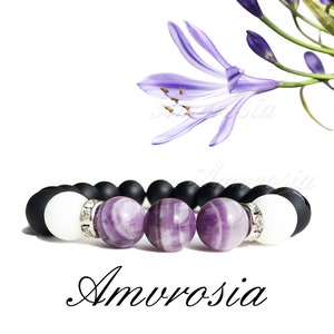 Amethyst bracelet, Amethyst and onyx bracelet, Purple Gemstone bracelet, Natural Stone Jewellery, Calming bracelet, Row amethyst bracelet