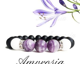 Amethyst bracelet, Amethyst and onyx bracelet, Purple Gemstone bracelet, Natural Stone Jewellery, Calming bracelet, Row amethyst bracelet