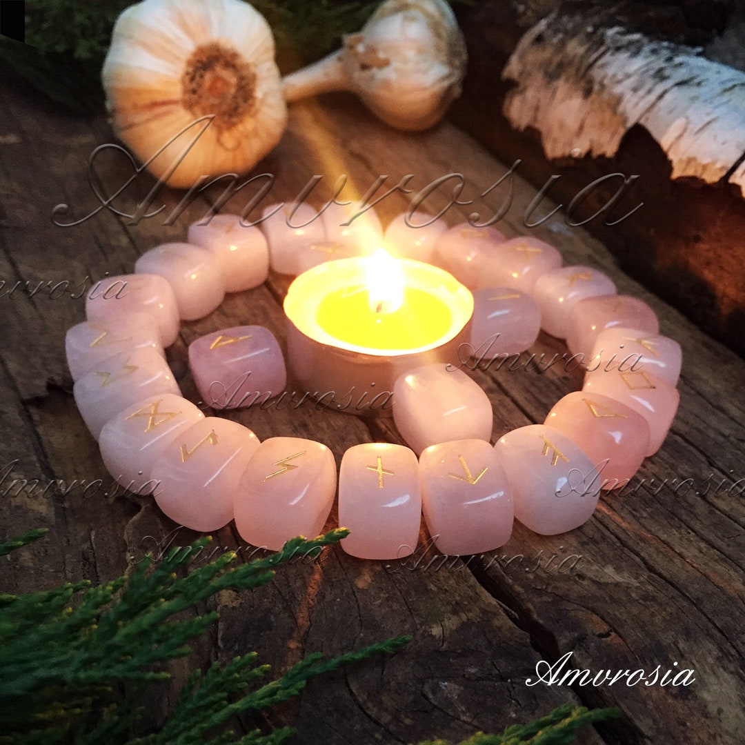 Set of 24 Futhark Runes Carved on Genuine Rose Quartz Stone - Rune ...