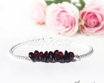 Bracciale in granato - Bracciale in argento sterling 925 - Bracciale in granato grezzo - Gioielli in granato - Bracciale in pietra grezza - Bracciale delicato - Cristallo
