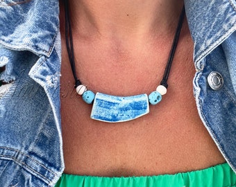 Greek Pottery Bead Necklace - Surfer Style Necklace - Necklaces For Women - Geometric Ceramic Necklace - Boho Jewelry - Birthday Gift Idea