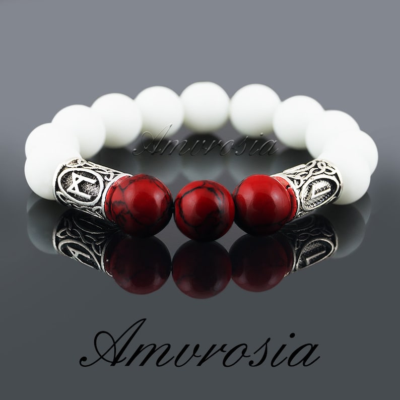 White quartz bracelet Futhark Rune bracelet Gemstone bracelet Viking Bracelet Viking jewelry Red howlite bracelet Energy bracelet