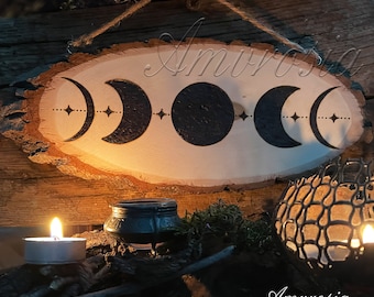 Arazzo da parete Wicca - Targa in legno con fasi lunari - Decorazioni per la casa Wiccan - Decorazioni da strega - Decorazioni da parete con fasi lunari - Altare Wiccan - Eclissi lunare