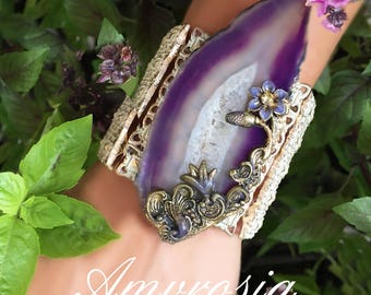 Purple Agate Bracelet - Victorian Bracelet - Sliced Agate - Statement Bracelet - Crystal Bracelet - Bohemian Bracelet - Agate Geode Slice