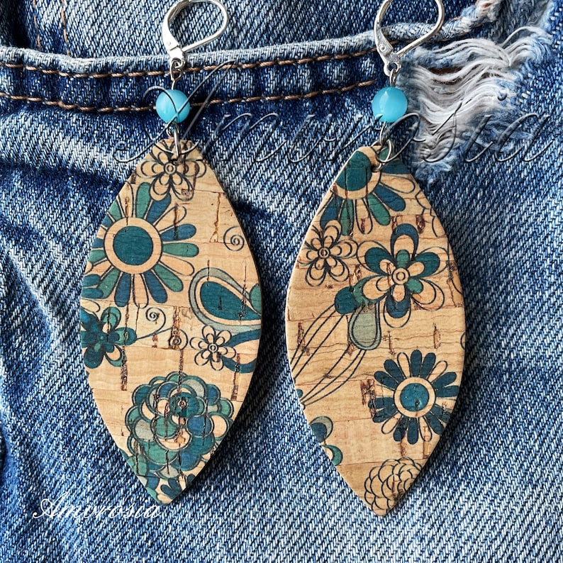 Flowers Earrings Cork Earrings Boho Surfer Style Earrings Cat Eye Earrings Beach Jewelry Vegan Leather Lightweight Earrings