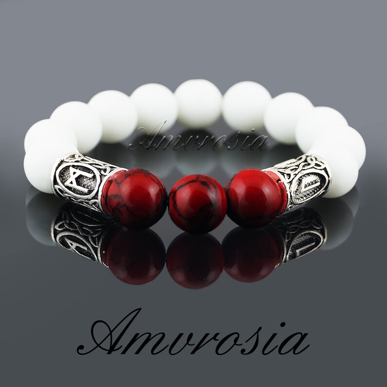 White quartz bracelet Futhark Rune bracelet Gemstone bracelet Viking Bracelet Viking jewelry Red howlite bracelet Energy bracelet