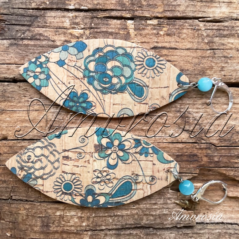 Flowers Earrings Cork Earrings Boho Surfer Style Earrings Cat Eye Earrings Beach Jewelry Vegan Leather Lightweight Earrings