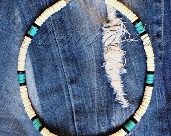 Mens Beaded Necklace - Surfer Style Necklace - Turquoise and Coconut Necklace - Tribal - Surfer Style - Boho - Surf Style Choker