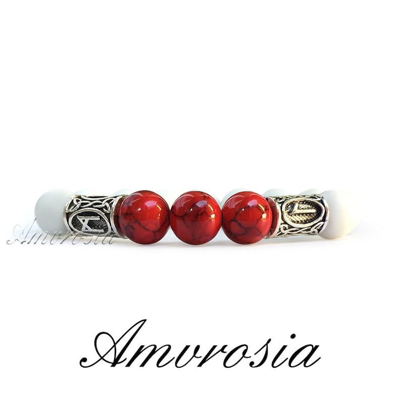 White quartz bracelet Futhark Rune bracelet Gemstone bracelet Viking Bracelet Viking jewelry Red howlite bracelet Energy bracelet