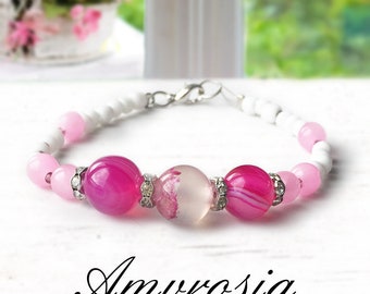 Pink agate stone bracelet, Gemstone bracelet, Healing bracelet, Natural stone bracelet, Energy bracelet, Mothers day gift, Bohemian bracelet