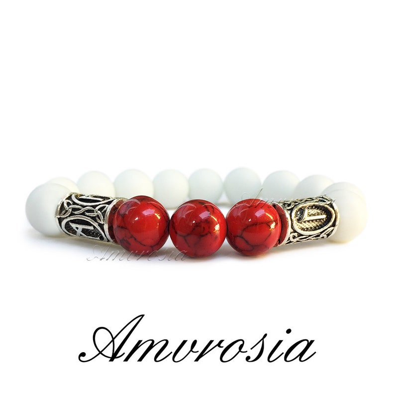 White quartz bracelet Futhark Rune bracelet Gemstone bracelet Viking Bracelet Viking jewelry Red howlite bracelet Energy bracelet