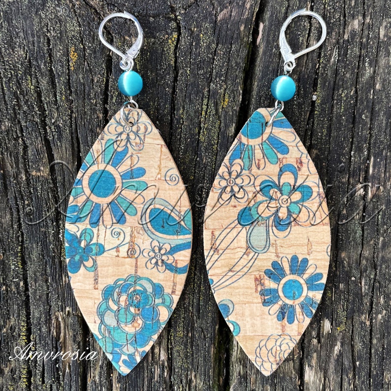 Flowers Earrings Cork Earrings Boho Surfer Style Earrings Cat Eye Earrings Beach Jewelry Vegan Leather Lightweight Earrings