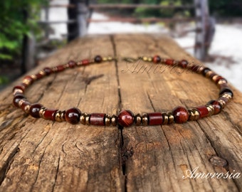 Red Tiger Eye and Red Wood Beads with Hematite Accents Necklace - Mens Beaded Choker - Surfer Necklace For Women - Bohemian Style Choker