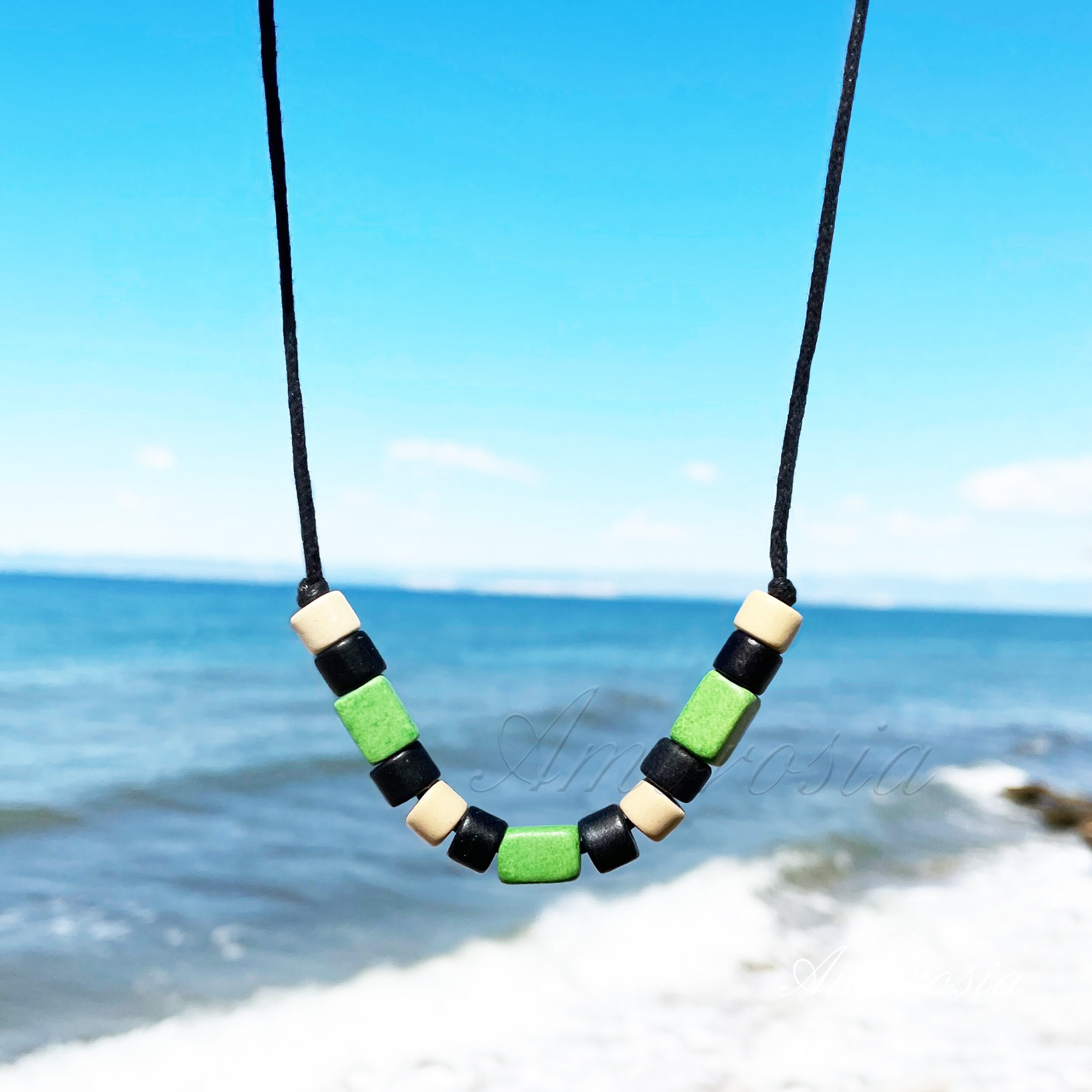 Surfer Style Mens Beaded Necklace - Artisan Clay Necklace - Earthy Necklace Greek Ceramic Bead Jewelry - Summer Jewelry - Tribal Necklace
