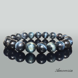 Hawk Eye Bracelet - 10 mm Genuine Hawk&#39;s Eye Natural Stone Beaded Bracelet - Crystal Bracelet - Birthstone - Mala Bracelet - Chakra Energy