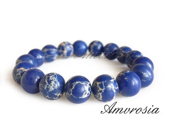 Blue Imperial Jasper Sea Sediment Stone Bracelet - Beaded Gemstone Bracelet - Jasper bracelet - Blue Sediment Mala Bracelet- Valentine's Day