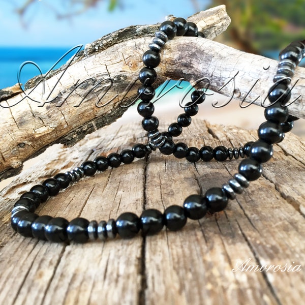 Collier de perles pour homme - Collier Onyx - Collier de style surfeur - Collier de pierres précieuses noires - Boho - Collier pour homme - Cadeau pour lui - Pierre de naissance