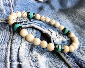 Surf Bracelet - Fossil - Hawaiian Jewelry - Mens Bracelet - Beach Gemstone Bracelet - Surfer Style Bracelet - Turquoise - Birthday Gift