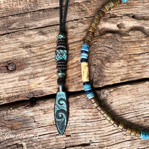 Surfboard Pendant And Terracotta Necklaces Set Of 2 - Surfer Necklaces Set - Mens Beaded Necklace - Patina Jewelry - Surfboard Charm - Boho