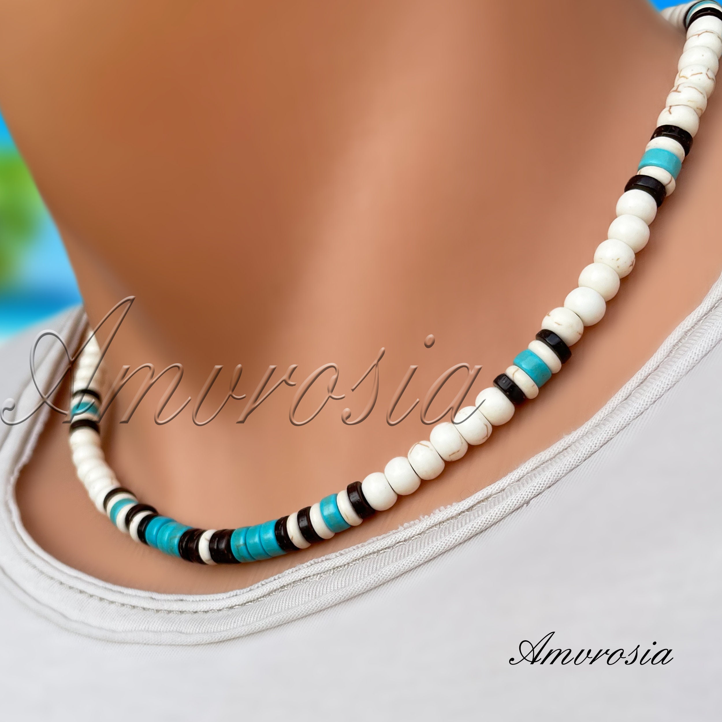 Surfer Style Necklace Mens Beaded Necklace Coconut Etsy