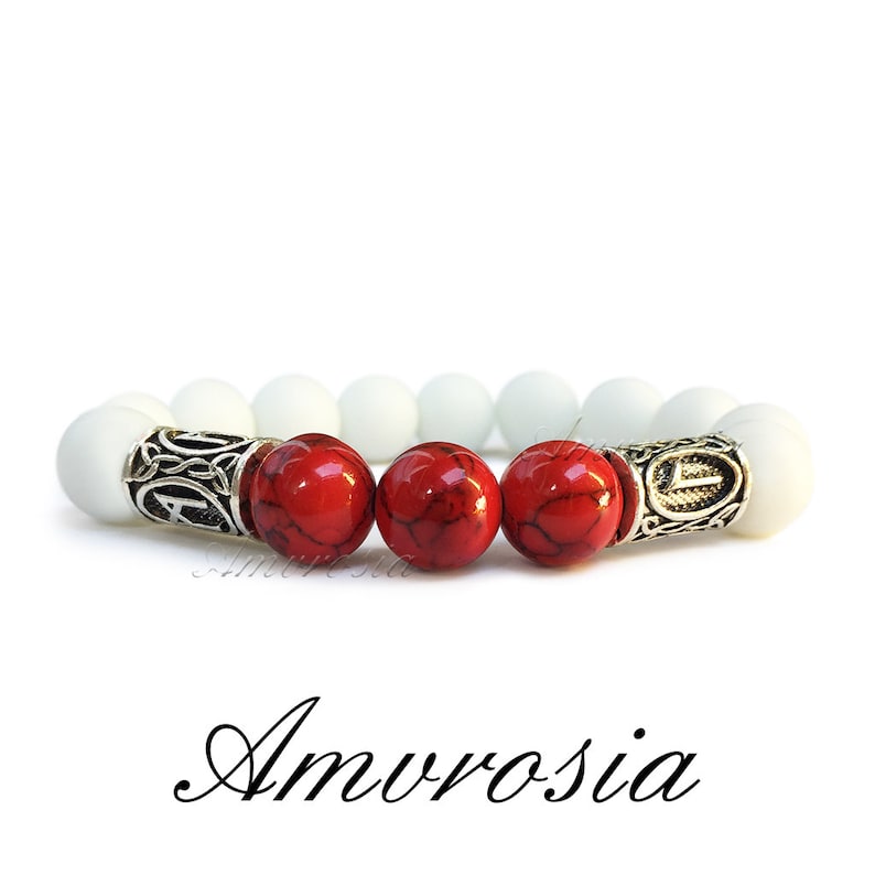 White quartz bracelet Futhark Rune bracelet Gemstone bracelet Viking Bracelet Viking jewelry Red howlite bracelet Energy bracelet