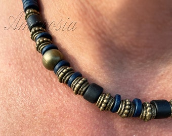 Greek Pottery Mens Beaded Necklace - Surfer Necklace - Ethnic Terracota Choker - Handmade Ceramic Jewelry - Birthday Gift Idea - Boho Choker