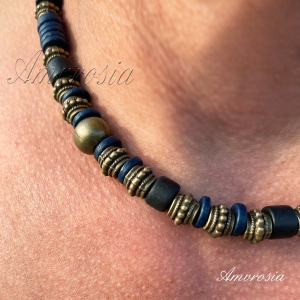 Collier de perles pour hommes de poterie grecque - Collier de surfeur - Tour de cou ethnique en terre cuite - Bijoux en céramique faits à la main - Idée de cadeau d'anniversaire - Tour de cou Boho