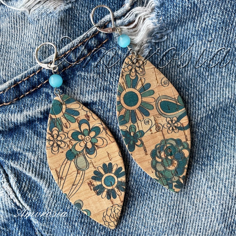 Flowers Earrings Cork Earrings Boho Surfer Style Earrings Cat Eye Earrings Beach Jewelry Vegan Leather Lightweight Earrings