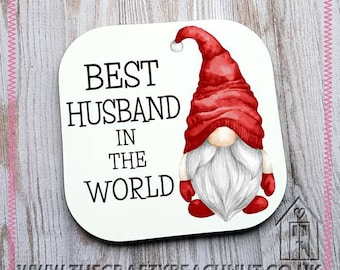 Best Husband In The World Boy Gnome Glossy Coaster - Coffee - Tea - Hot Choc - Beer - Gonk - Red - Anniversary - Valentine's Day. UK Seller