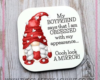 Obsessed With Appearance Girlfriend Gnome Glossy Coaster - Coffee - Tea - Drink - Gonk - Birthday - Anniversary - Red - Gift Idea. UK Seller