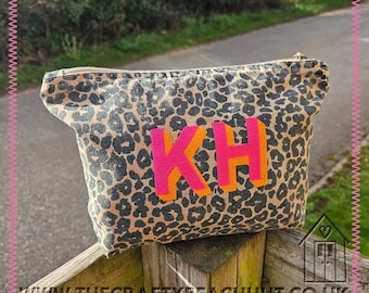 Embroidered Initial Washed Effect Leopard Print Canvas Zip Up Pouch - Bag - Make Up - Travel - Work - Toiletries