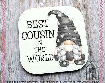 Best Cousin In The World Girl Gnome Glossy Coaster - Coffee - Tea - Hot Choc - Wine - Gin - Gonk - Grey - Gift - Birthday Gift. UK Seller