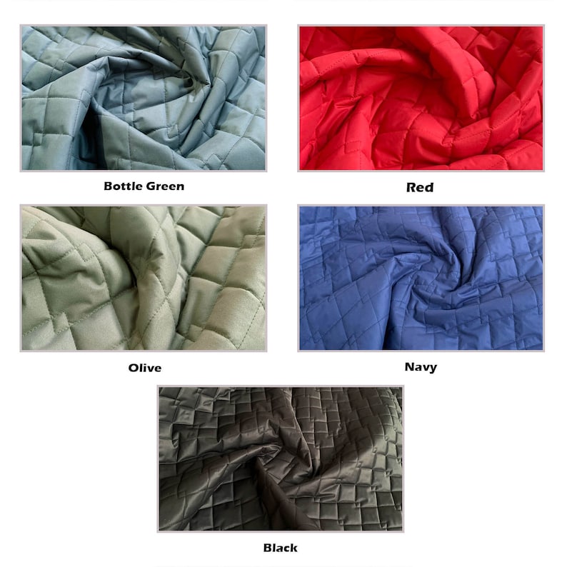 May include: Close-up of five fabric swatches in different colors: bottle green, red, olive, navy, and black. Each swatch is quilted with a diamond pattern.