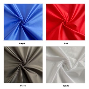May include: Four fabric swatches in different colours: royal blue, red, black, and white. The fabric is a smooth, shiny nylon.