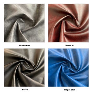 May include: Four fabric swatches in different colors: mushroom, claret, black, and royal blue. The fabric has a textured, leather-like appearance.