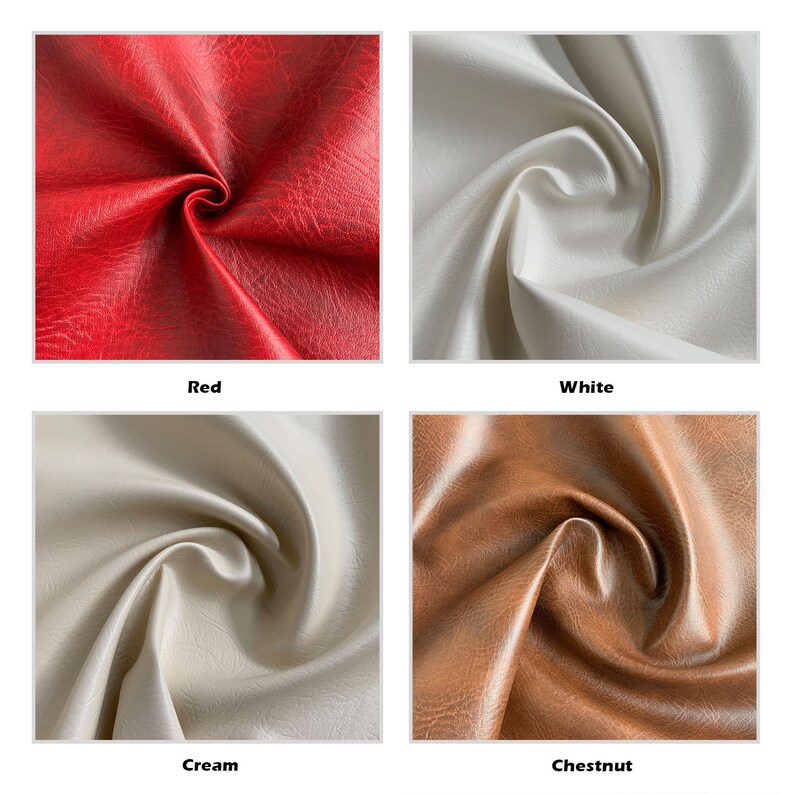 May include: Four fabric swatches in different colors: red, white, cream, and chestnut. Each swatch is a close-up of the fabric texture.