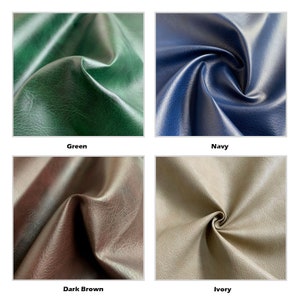 May include: Close-up of four fabric swatches in different colors: green, navy, dark brown, and ivory. The fabric has a leather-like texture.