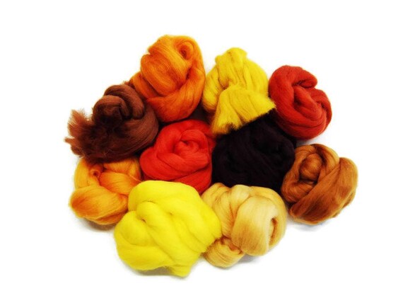roving MERINO WOOL RED ORANGE YELLOW dyed wool tops needle felting 60g