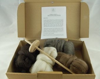 Kit de filage à la main de la laine - Fusée en bois faite main et mèches de laine patrimoniale (4 nuances)
