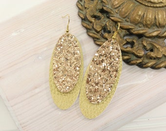 Gold Sparkle Earrings/Gold Glitter Earrings/Gold Faux Leather Earrings/Two Layer Oblong Shaped Earrings/Lightweight Earrings