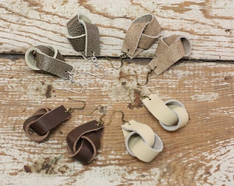 Genuine Leather Knot Earrings/Brown Leather Earrings/Cream Leather Earrings/Tan Leather Earrings/Taupe Leather Earrings/Jewelry Gift for Her