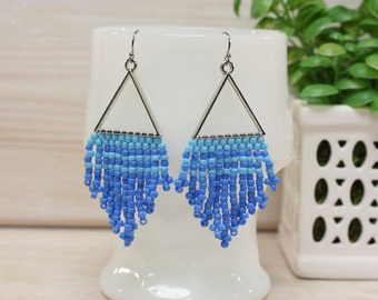Seed Bead Fringe Earrings/Silver Plated Triangle Frame/Blue Seed Beads/Hand Beaded/Stainless Steel Ear Wires/Earrings Gift for Her