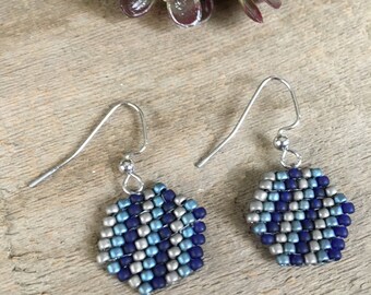 Hexagonal Seed Bead Earrings/Small Geometric Earrings/Gray Cobalt Blue Light Blue/Nickel-Free Ear Wire/Hand-Stitched/Jewelry Gift for Her