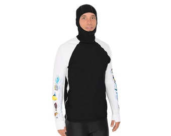 Mens Hoodie Rash Guard | Hawaii Fish ID Snorkel Swim Shirt | UPF 50+ Sun Protection | Reef Safe | Made in USA | Black