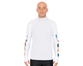 Mens Hoodie Rash Guard | Caribbean Fish ID Snorkel Swim Shirt | UPF 50+ Sun Protection | Reef Safe | Made in USA | White