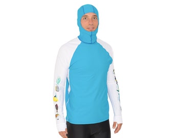 Mens Hoodie Rash Guard | Hawaii Fish ID Snorkel Swim Shirt | UPF 50+ Sun Protection | Reef Safe | Made in USA | Light Blue