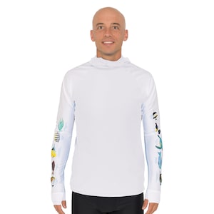Mens Hoodie Rash Guard | Hawaii Fish ID Snorkel Swim Shirt | UPF 50+ Sun Protection | Reef Safe | Made in USA | White