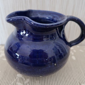 Handmade Heavy Cobalt Blue Stoneware Glazed Signed Ball Pitcher
