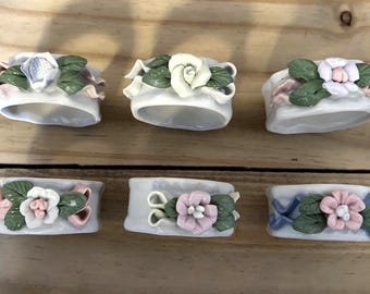 6 Vintage Porcelain Napkin Rings Boxed Delicate Floral Rings from 1970's